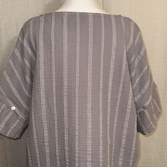 peck&peck XL Crinkle Pearl Gray White Striped Cotton Short Sleeve Top - Picture 6 of 9